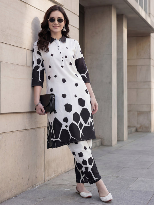 Off White Printed Straight Kurta Set