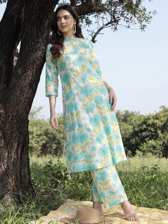 Off White Printed Viscose Rayon Straight Kurta Palazzo Set