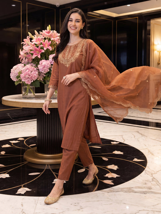 Rust Embroidered Straight Kurta Trousers With Dupatta