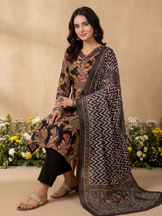 Black Embroidered Pure Cotton Straight Kurta Sets With Dupatta