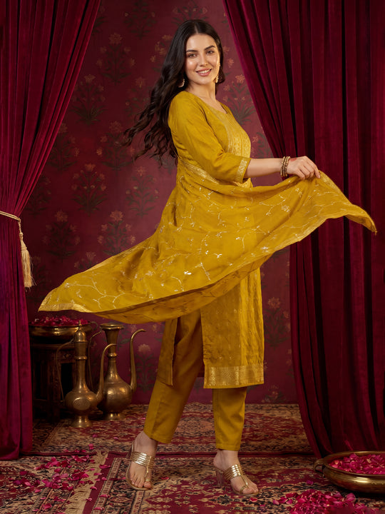 Yellow Woven Design Straight Silk Blend Suit With Dupatta
