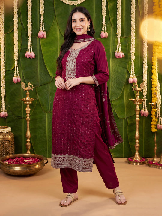 Burgundy Embroidered Straight Kurta Trousers With Dupatta