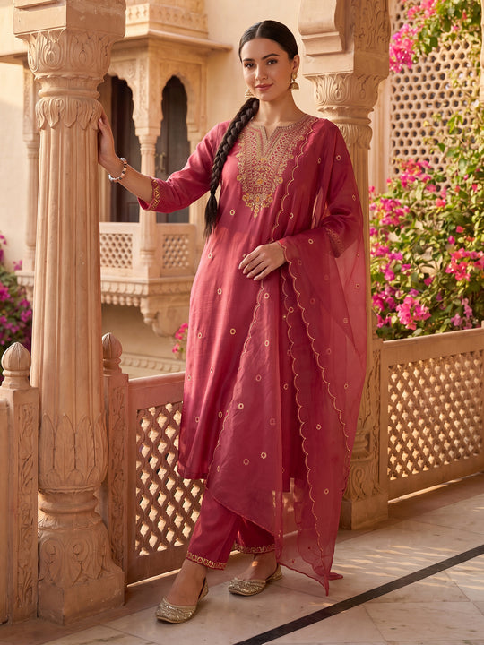 Indo Era Pink Embroidered Straight Kurta Trousers With Dupatta Set