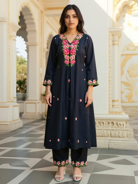 Black Embroidered Viscose Rayon Straight Kurta Trouser Set