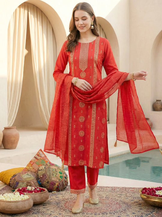 Indo Era Red Embroidered Straight Kurta Trousers With Dupatta Set