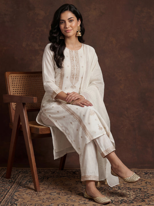 Indo Era Off White Embroidered Straight Kurta Trousers With Dupatta Set
