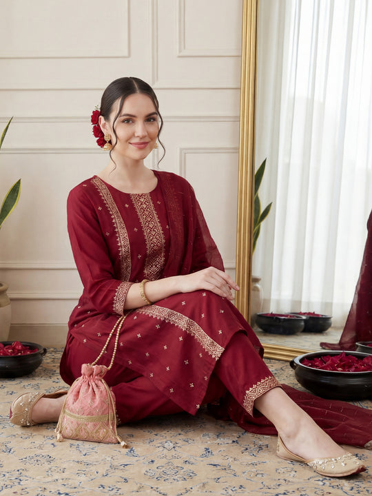 Indo Era Maroon Embroidered Straight Kurta Trousers With Dupatta Set