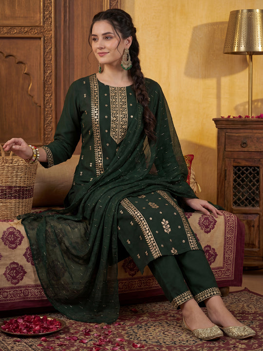 Indo Era Green Embroidered Straight Kurta Trousers With Dupatta Set