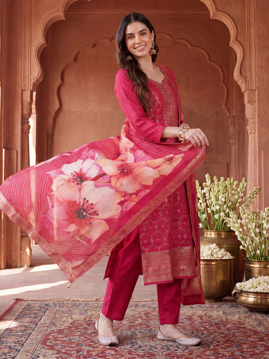 Pink Embroidered Silk Blend Straight Kurta Sets With Dupatta