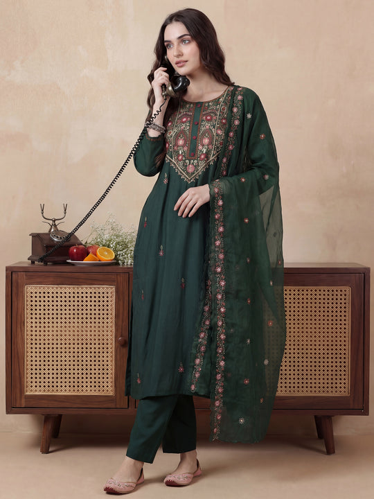 Green Embroidered Straight Silk Blend Suit With Dupatta