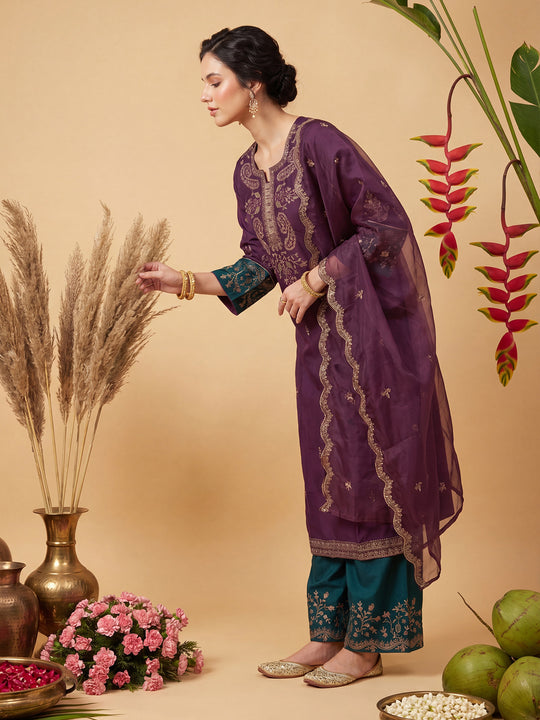 Indo era Burgundy Embroidered Straight Kurta Trousers With Dupatta Set