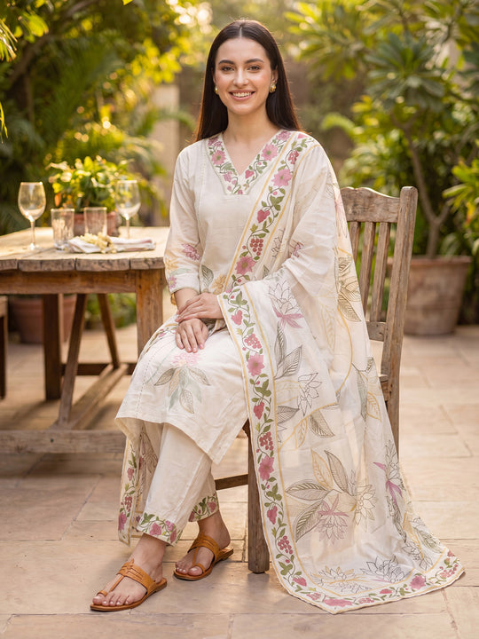 Indo era Off White Embroidered Straight Kurta Trousers With Dupatta Set