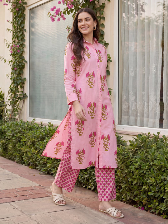 Pink Printed Straight Kurta Set