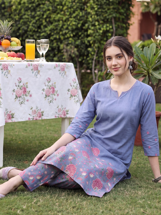 Indo Era Blue Printed Straight Kurta Trousers Set