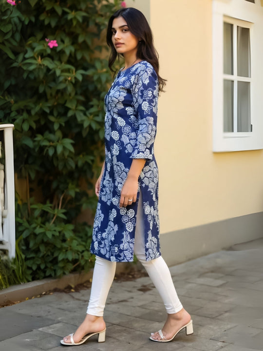 Indo Era Blue Printed Straight Kurtas