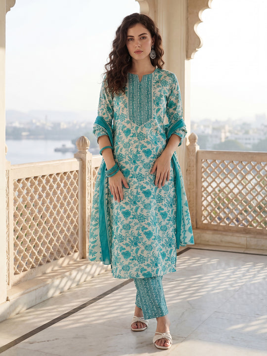 Blue Printed Cotton Blend Straight Suit Sets With Dupatta