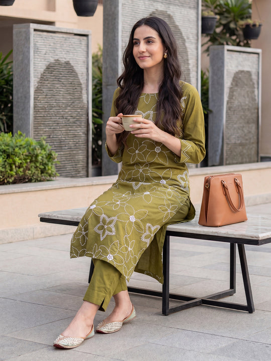 Green Embroidered Pure Cotton Straight Kurta Sets