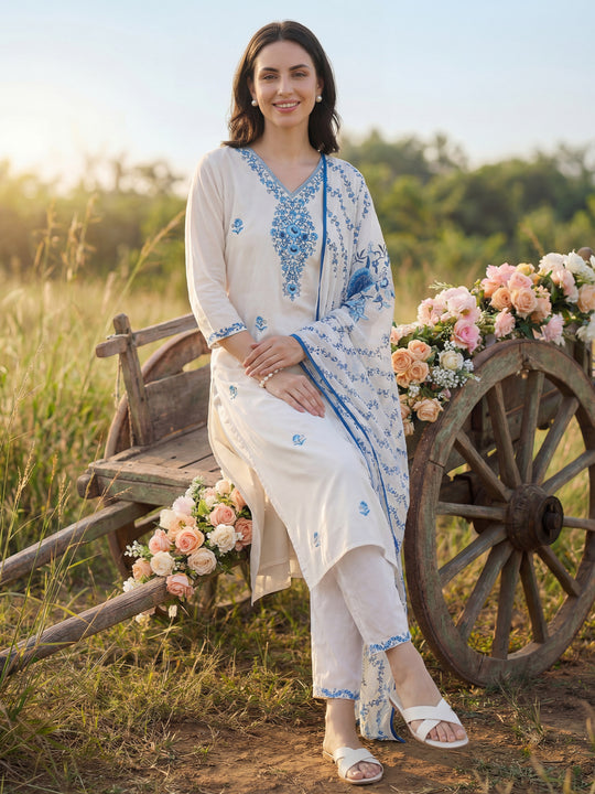White Embroidered Pure Cotton Straight Kurta Sets With Dupatta