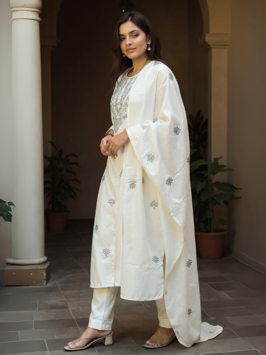 Off White Embroidered Pure Cotton Straight Kurta Sets With Dupatta