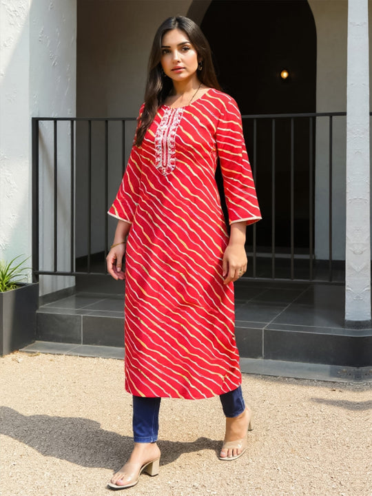 Red Printed Cotton Leheriya Straight Kurtas