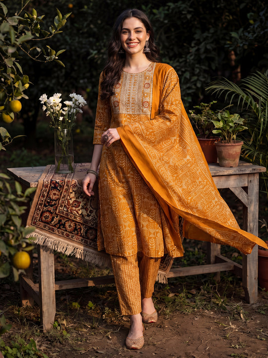 Indo Era Mustard Printed Straight Kurta Trousers With Dupatta set