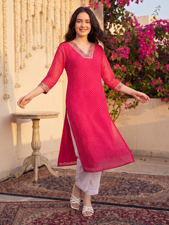 Pink Leheriya Printed Straight Chiffon Kurta