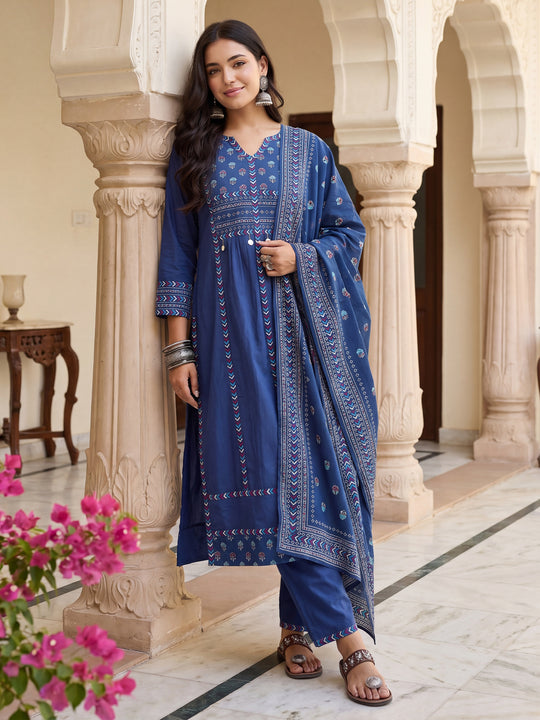 Indo Era Blue Printed A-Line Kurta Trousers With Dupatta set