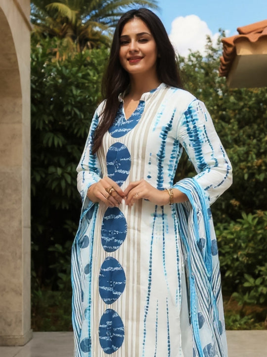 White Printed Pure Cotton Straight Suit Sets With Dupatta