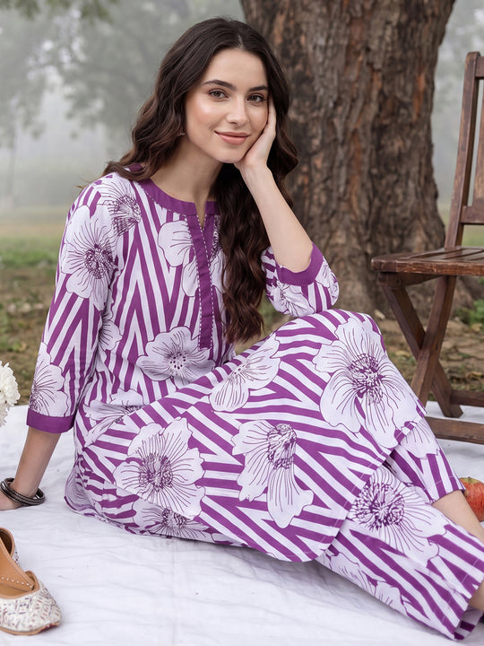 Indo Era Purple Printed Straight Kurta Trousers Set