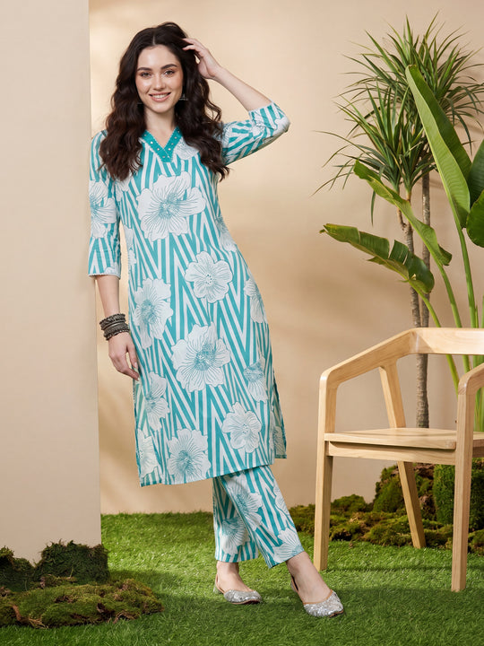 Indo Era Blue Printed Straight Kurta Trousers Set