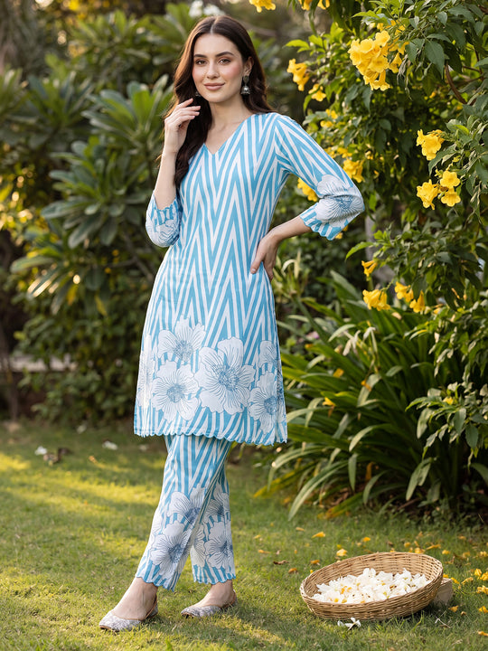 Blue Printed Straight Kurta Trouser Set