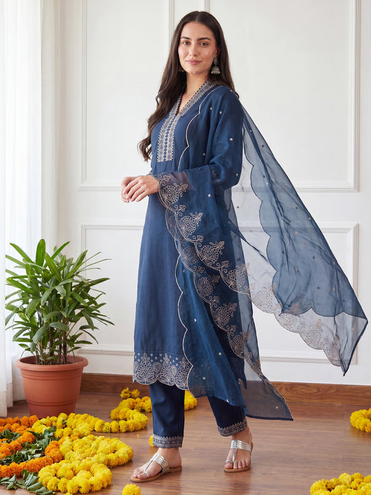 Navy Blue Embroidered Chinon Straight Women Kurta Trouser With Dupatta