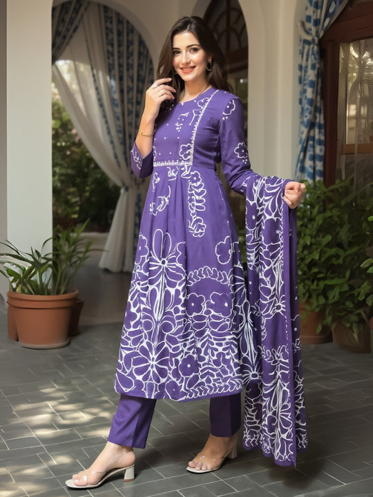 Purple Printed Pure Cotton A-Line Kurta Sets With Dupatta