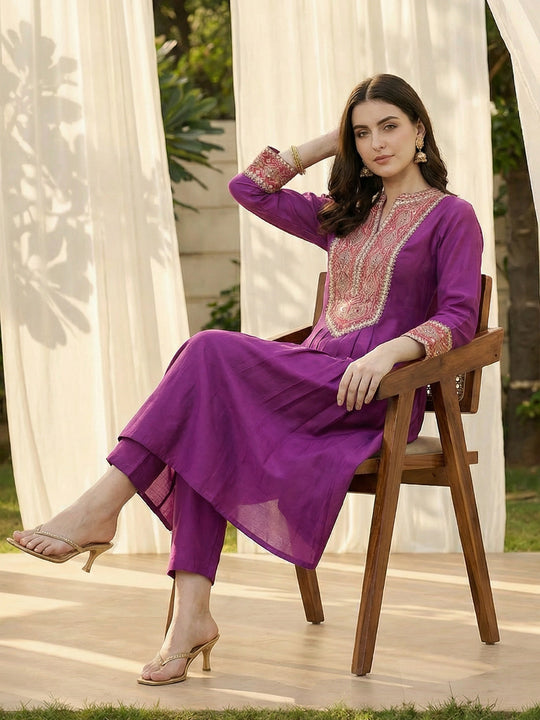 Purple Embroidered Silk Blend A-Line Kurta Pant Set