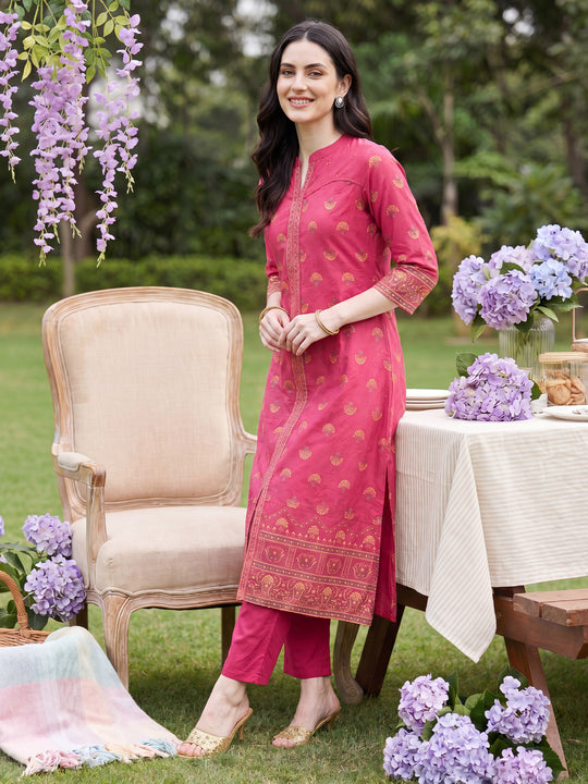 Pink Printed Pure Cotton Straight Kurta Trouser Set