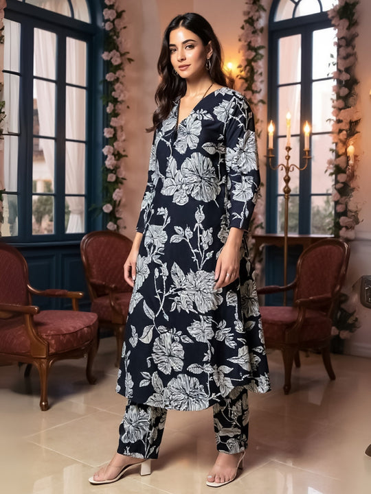 Black Printed Pure Cotton A-Line Kurta Trouser Set