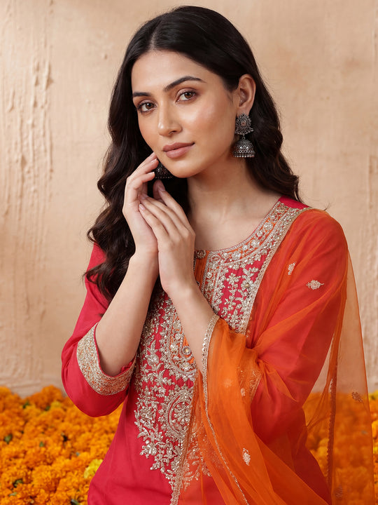 Pink Embroidered Silk Blend Straight Suit Set With Dupatta