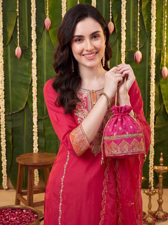 Pink Solid Silk Blend Straight Suit Sets With Dupatta