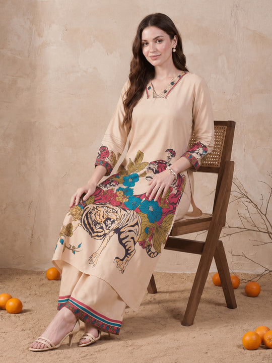 Beige Printed Viscose Rayon A-Line Kurta Palazzo Set