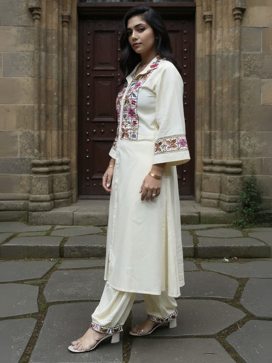 Beige Embroidered Viscose Rayon A-Line Kurta Salwar Set