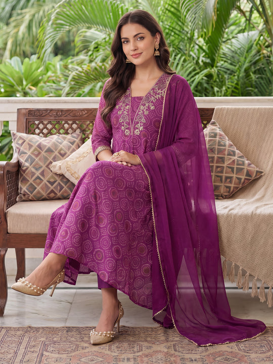 Burgundy Embroidered Georgette A-Line Suit Sets With Dupatta