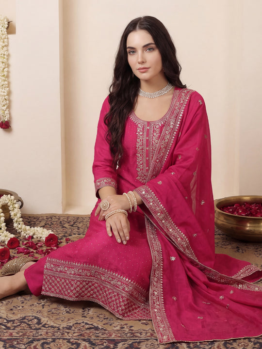Indo Era Pink Embroidered Straight Kurta Trousers With Dupatta set