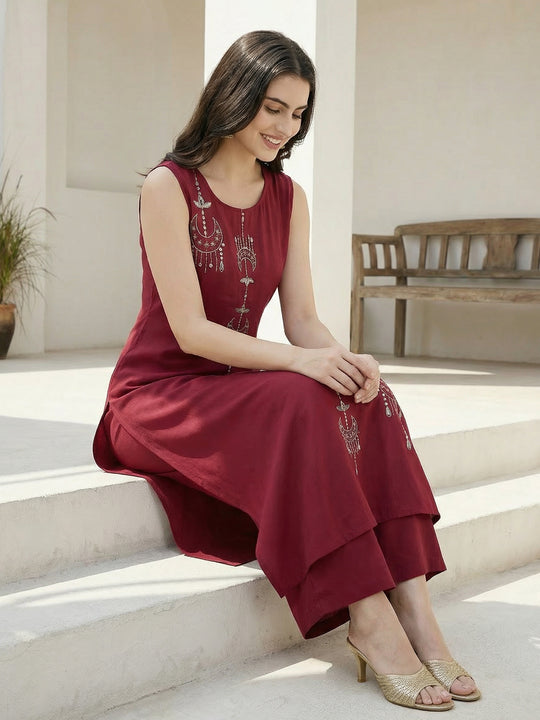 Maroon Embroidered Pure Cotton A-Line Kurta Palazzo Set