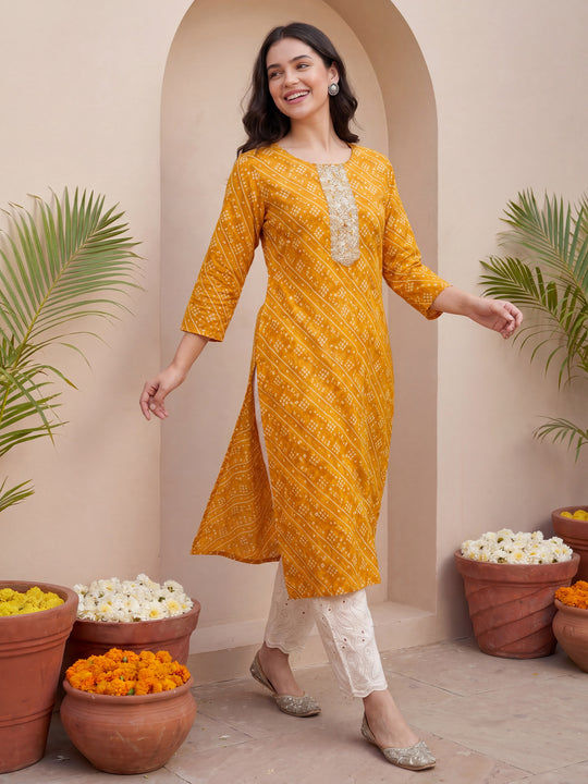 Mustard Bandhani Embroidered Viscose Rayon Kurtas