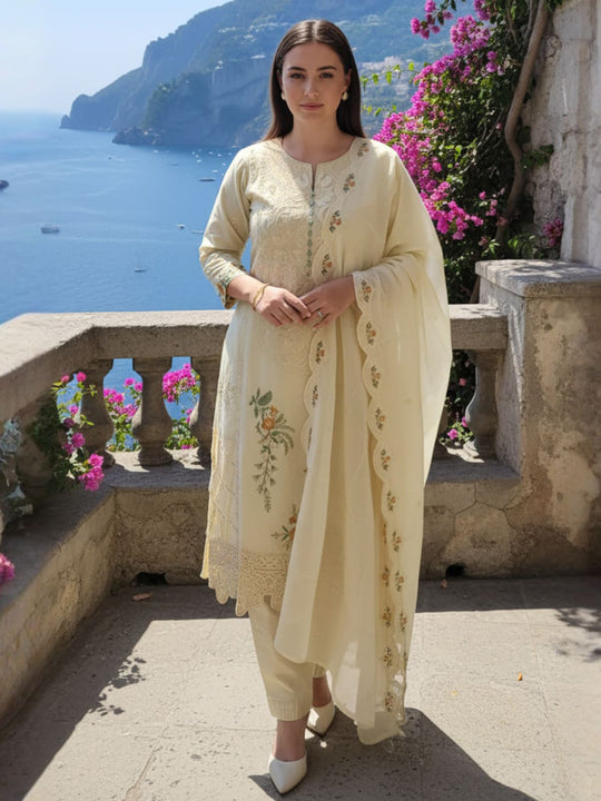 Indo Era Beige Embroidered Straight Kurta Trousers With Dupatta Set