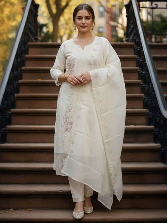 Indo Era Cream Embroidered Straight Kurta Trousers With Dupatta Set