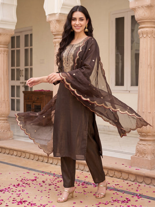 Green Embroidered Liva Straight Women Kurta Trouser With Dupatta