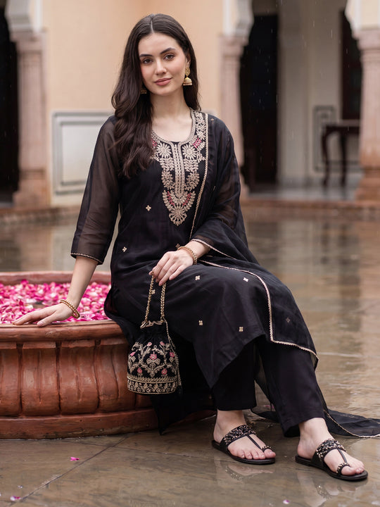 Women Black Embroidered Net Straight Kurta Sets With Dupatta