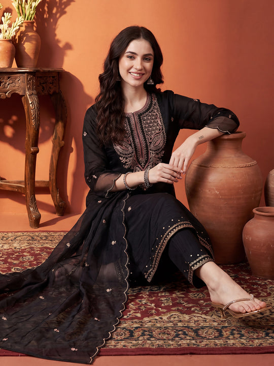 Women Black Embroidered Pure Cotton Straight Kurta Sets With Dupatta