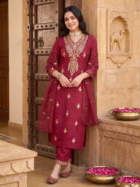 Maroon Embroidered Chinon Straight Kurta Sets With Dupatta